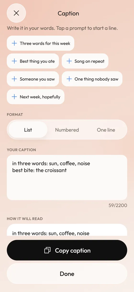 Write a photo dump caption with prompts, not a blank field